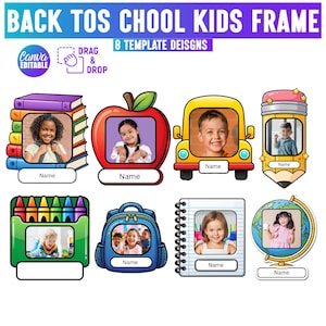 Pode incluir: Uma coleção digital de oito molduras para fotos com tema escolar, apresentando ilustrações de livros, uma maçã, um ônibus, um lápis, giz de cera, uma mochila, um caderno e um globo. Cada moldura inclui um espaço para foto e uma etiqueta.