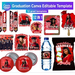 May include: A collection of graduation-themed templates in red, black, and white. Includes banners, photo frames, buttons, and water bottle labels. The templates feature the text "Congrats Graduate" and "Class of 2025".