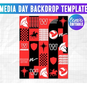 May include: A red, black, and white Media Day Backdrop Template featuring a Spartan helmet, volleyball, and a knight on horseback. The design includes the text "MEDIA DAY BACKDROP TEMPLATE" and "Canva EDITABLE".