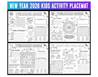 New Year 2026 Kids Activity Placemat, Printable New Year Kids NYE Craft, Happy New Year's Eve Coloring Page, New Year 2026 Kids Activity