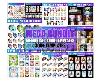 Paquete Mega Memorial de Canva, plantilla PNG para memorial, botón de pin para memorial, camiseta para funeral, plantilla para ala de sombrero para memorial, mariposa
