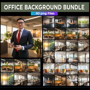 Może przedstawiać: Obraz zatytułowany "OFFICE BACKGROUND BUNDLE" z tekstem "30 png Files". Obraz przedstawia mężczyznę w garniturze i krawacie oraz siatkę zdjęć wnętrz biurowych, prezentujących różne nowoczesne przestrzenie biurowe ze światłem naturalnym i nowoczesnymi meblami.