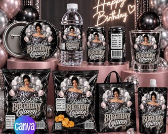 May include: A collection of birthday party supplies featuring a black and silver theme with a photo of a person and the text Sophie Birthday Queen. Items include a water bottle, soda can, chip bags, a gift bag, a pouch, and a button pin.
