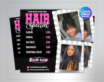 May include: A promotional flyer for hair services. The flyer features the text "HAIR Special" in pink and white, along with service prices. Photos of hairstyles are displayed in a frame with lights. The flyer also includes social media contact information.