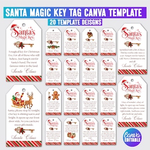May include: A collection of twenty printable gift tag templates featuring the text Santa Magic Key, illustrations of keys, Santa Claus, reindeer, and gingerbread men, with red and green striped borders and a hole for hanging.