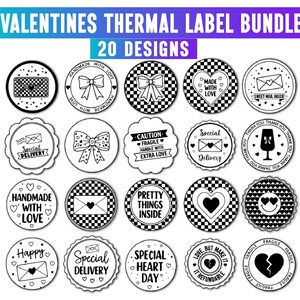 Peut inclure: Ensemble de 20 étiquettes thermiques pour la Saint-Valentin en noir et blanc. Les étiquettes présentent des graphiques de cœurs, de nœuds et d'enveloppes, avec des phrases comme "Handmade with Love" et "Special Delivery". Le texte "Valentines Thermal Label Bundle" est en haut.