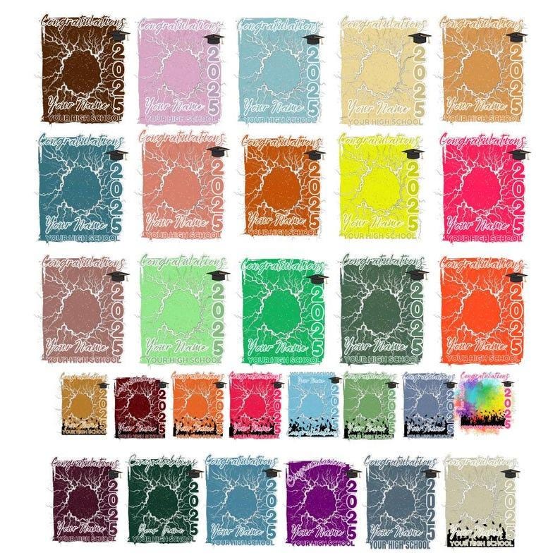 May include: A collection of graduation announcements with various background colors, including brown, pink, blue, and orange. Each announcement features the text "Congratulations," "2025," and space for a name and high school.