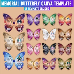 Puede incluir: Una colección digital de 15 plantillas conmemorativas con forma de mariposa, fondos degradados, detalles florales y espacios para nombres y fechas. Cada mariposa incluye un marco ovalado central para una fotografía de retrato.
