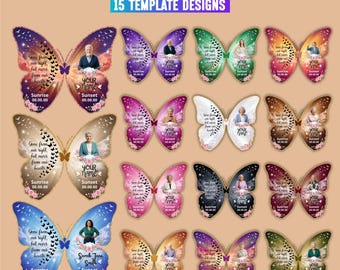 May include: A digital collection of 15 butterfly-shaped memorial templates featuring gradient backgrounds, floral accents, and placeholder text for names, sunrise, and sunset dates. Each butterfly includes a central oval frame for a portrait photo.