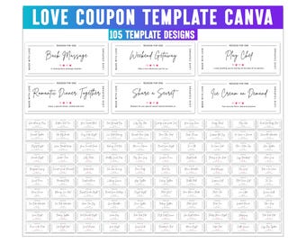 Könnte beinhalten: Eine weiße Liebescoupon-Vorlage mit einem türkis-violetten Header mit der Aufschrift "LOVE COUPON TEMPLATE CANVA" und "105 TEMPLATE DESIGNS". Die Gutscheine enthalten Texte wie "Back Massage", "Weekend Getaway" und "Play Chef".