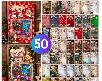 May include: A digital collection of 50 jumbo Christmas card templates featuring customizable text fields for names, festive holiday backgrounds, illustrations of Santa Claus, and clear plastic blister packs containing chocolate treats.