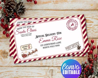 May include: A rectangular letter template from Santa Claus featuring red and white diagonal striped borders. The text reads From the Desk of Santa Claus, Special Delivery for Emma Rose, and includes a North Pole Express Mail stamp and graphic.