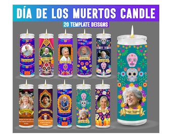 May include: A collection of Día de los Muertos candles with personalized photo inserts. The candles feature colorful designs with sugar skulls, flowers, and the text "Día de los Muertos Candle" and "20 Template Designs".