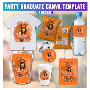 May include: A graduation party Canva template with seven designs. The design includes a white t-shirt, chip bags, water bottle, a cup, a badge, a gift bag, and a drink pouch. Each item features a photo of a graduate, the word "GRAD", and the year "2026".