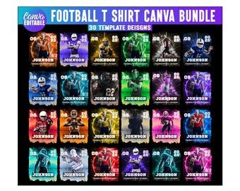 Könnte beinhalten: Eine Sammlung von 30 Football-T-Shirt-Designs. Jedes Design zeigt einen Footballspieler in Aktion, mit Teamfarben und dem Namen "Johnson". Die Designs sind vor verschiedenen farbenfrohen Hintergründen.