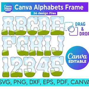Canva Frame Retro Letters, Block Shadow font, Complete Alphabet Uppercase, Lowercase, Number, Drag & Drop Photos, Patterns, colors