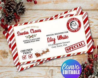 May include: A rectangular letter from Santa Claus with a red and white candy cane border. The text reads From the Desk of Santa Claus, Special Delivery for Lily White, and Checked Twice with a Santa stamp and a graphic of a sleigh and reindeer.