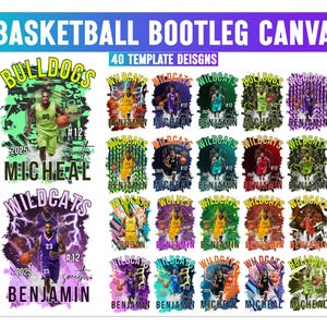 Puede incluir: Una plantilla de dise&ntilde;o digital con gr&aacute;ficos de baloncesto. El dise&ntilde;o incluye el texto "BASKETBALL BOOTLEG CANVA" y "40 TEMPLATE DEISGNS". Los gr&aacute;ficos muestran jugadores de baloncesto con nombres de equipos y jugadores.