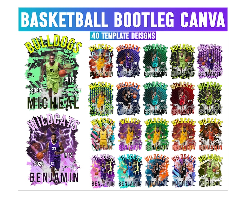 Puede incluir: Una plantilla de dise&ntilde;o digital con gr&aacute;ficos de baloncesto. El dise&ntilde;o incluye el texto "BASKETBALL BOOTLEG CANVA" y "40 TEMPLATE DEISGNS". Los gr&aacute;ficos muestran jugadores de baloncesto con nombres de equipos y jugadores.