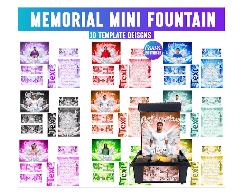 May include: A memorial mini fountain with 10 template designs. The image shows a black fountain with a photo of a person with angel wings. The text on the fountain reads "Lost in piece" and "Sunset 25/12/2024".