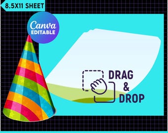 May include: A printable party hat template featuring a colourful striped hat and a white area for adding text or images. The template is 8.5x11 inches and can be edited in Canva.