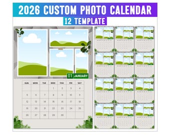 Editable Canva Photo Calendar for 2026, Calendar Template with Photos, Unique 12-Month Designs, Drag & Drop Template, Canva Editable 2026