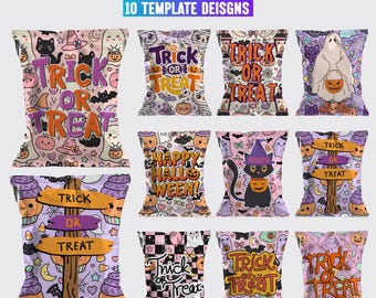 May include: Ten Halloween chip bag templates featuring colorful patterns with ghosts, pumpkins, cats, and bats. The designs include text such as TRICK OR TREAT and HAPPY HALLOWEEN. The top of the image displays the text HALLOWEEN CHIP BAG CANVA.