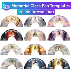 May include: Twenty printable templates for memorial clack fans. Each template features a rainbow archway with clouds and stars, and a person standing in front of it. The text "In Loving Memory" is at the top of each template.