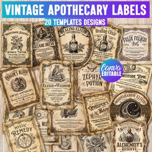 Peut inclure: Une collection de vingt étiquettes d'apothicaire de style vintage avec des textures de papier vieilli, une typographie noire ornée et des illustrations détaillées de bouteilles, plantes, animaux et motifs célestes, avec un badge Canva modifiable.