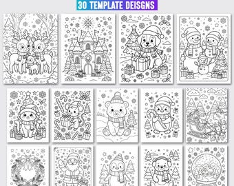 May include: A collection of Christmas kid activity pages featuring 30 template designs. The black and white line art illustrations include reindeer, a castle, a puppy, snowmen, a cat, a mouse, a bear, a penguin, Santa, and a snow globe.
