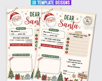 May include: Two Dear Santa letter templates featuring a cartoon Santa Claus, Christmas lights, and gift boxes. The forms include sections for name, age, behavior, a kind deed, a wish list, and a space for a drawing, with a North Pole postmark.
