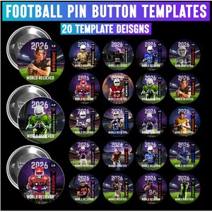 May include: A collection of 20 circular football pin button templates featuring various players in uniform on a field. Each design includes the year 2026, a player name, and the text 'WORLD RECIEVER'. The templates are displayed against a black background.