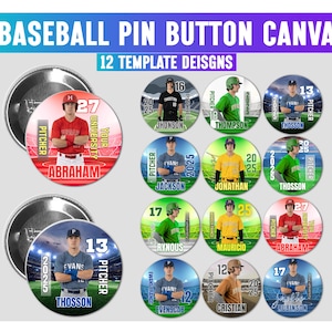 May include: A digital collection of 12 circular baseball pin button templates featuring various players in uniforms on fields. The text BASEBALL PIN BUTTON CANVA and 12 TEMPLATE DEISGNS appears at the top. Each button displays a player, name, and number.