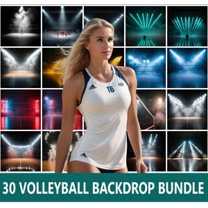 Könnte beinhalten: Eine Frau trägt ein weißes und marineblaues Volleyball-Trikot mit der Nummer 16. Das Bild ist eine Collage von 30 Volleyball-Hintergrundbildern. Der Text "30 VOLLEYBALL BACKDROP BUNDLE" befindet sich unten.