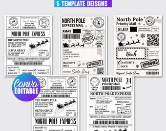 May include: Five black and white North Pole shipping label templates featuring festive graphics like reindeer, Santa Claus, and snowflakes. The designs include text fields for names, addresses, and delivery options, with checkboxes for naughty or nice status.