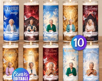 May include: Ten cylindrical memorial candles featuring various designs including blue skies, golden clouds, and gothic arches. Each candle displays the text In Loving Memory, the name Caroline Grace, and a portrait of a person with a white dove.