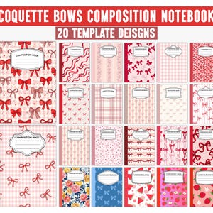 May include: A collection of composition notebooks featuring 20 template designs with red and pink bow patterns, plaid, floral, and fruit motifs. Each notebook cover includes a white label with the text COMPOSITION BOOK for identification.