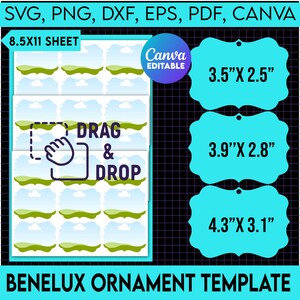 Può includere: Un modello stampabile per ornamenti Benelux, con un cielo blu, erba verde e nuvole bianche. Il modello include tre dimensioni diverse: 3,5 pollici per 2,5 pollici, 3,9 pollici per 2,8 pollici e 4,3 pollici per 3,1 pollici. Il modello è modificabile in Canva.