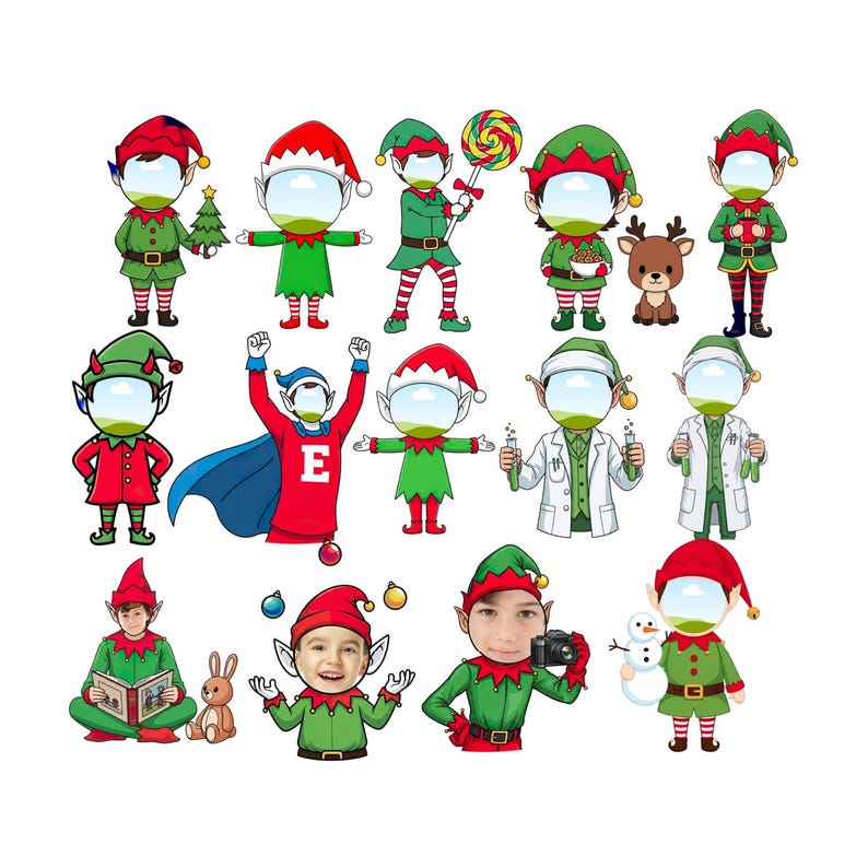 May include: A collection of cartoon elf characters in various poses and outfits. Some elves hold props like a Christmas tree, a lollipop, and test tubes. Others are dressed as a superhero, a scientist, and a photographer. The elves wear green and red outfits.