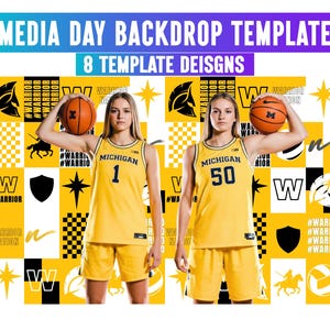 May include: A media day backdrop template with the text "MEDIA DAY BACKDROP TEMPLATE" and "8 TEMPLATE DESIGNS". The image features two women in yellow basketball uniforms holding basketballs. The background is yellow and black with various graphics.