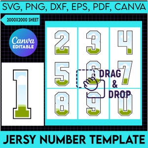 May include: A digital template for creating jersey numbers. The template includes nine different numbers, each with a white outline, a blue sky, and a green field. The numbers are arranged in a 3x3 grid. The text "DRAG & DROP" is visible in the image.