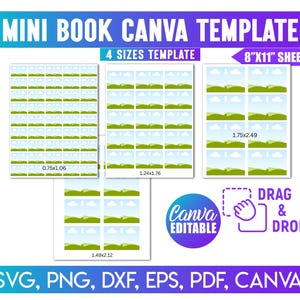 Puede incluir: Una plantilla digital para un mini libro, con cuatro opciones de tamaño. El diseño incluye un encabezado azul y verde con el texto "MINI BOOK CANVA TEMPLATE" y "4 SIZES TEMPLATE". La plantilla es para una hoja de 20.3cm x 27.9cm y es editable con Canva.
