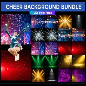 May include: A digital art bundle titled "Cheer Background Bundle" with 20 PNG files. The image features a cheerleader jumping in the air, along with various background images with spotlights, confetti, and colorful light effects.