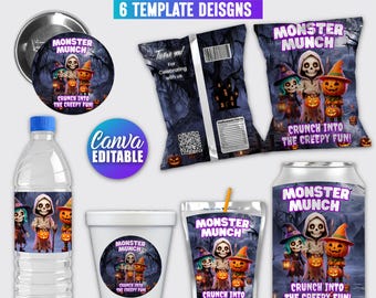 May include: A digital Halloween party favor template set featuring six designs with the text Monster Munch and Crunch Into The Creepy Fun. The graphics include a skeleton, a witch, and a pumpkin character against a dark forest background.