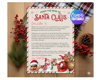 May include: A festive letter from Santa Claus, featuring a red and green border and the text "From the Desk of Santa Claus." The letter includes a handwritten message, illustrations of Santa, a snowman, and a gingerbread man, and the Canva Editable logo.