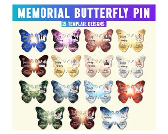 Plantilla de pin de mariposa conmemorativo, plantilla editable de Canva, recuerdo, plantilla de pin de camiseta conmemorativo de mariposa, diseño de Canva conmemorativo