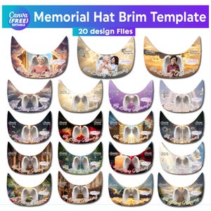 May include: A digital template for memorial hat brims, featuring 20 unique designs. Each brim design includes images of angels, clouds, and personalized text. The template is editable and available for free use in Canva.