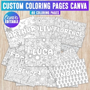 May include: A collection of 40 customizable black and white coloring pages featuring various themes like dinosaurs, monsters, flowers, and musical instruments. Each page includes a prominent name such as Arthur, Florence, Luca, or Noah.
