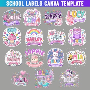 May include: A digital collection of school labels featuring colourful illustrations of a roller skate, butterfly, cat, elephant, cupcake, rainbow, camera, owl, unicorn, milk carton, rabbit, bee, bear, mermaid, and penguin with names like Josie, Luna, and Daisy.