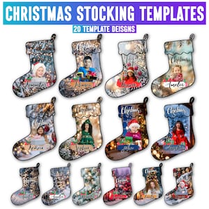 Puede incluir: Una colección de 20 plantillas de calcetines navideños con varios fondos fotográficos de luces y árboles festivos. Cada calcetín incluye la palabra Christmas en letra cursiva y un área de etiqueta para personalizar el nombre.